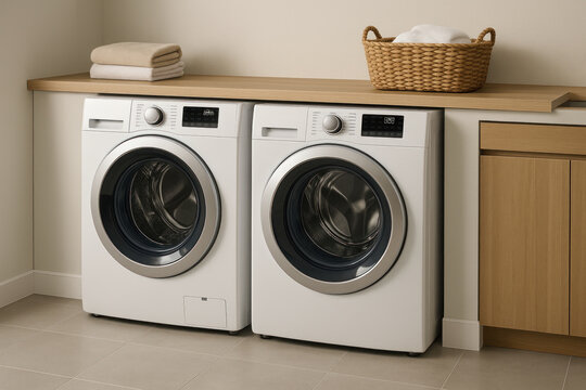 Washer and dryer in a laundry room.