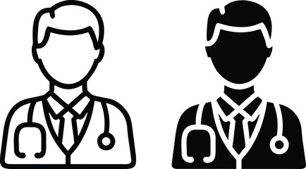 Male Doctor Icon with Stethoscope in Black and White Outline and Solid Style for Medical Concepts