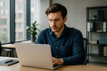 Fototapeta premium Man at table using a laptop.