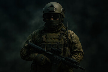 Naklejka premium Soldier in uniform holding rifle.