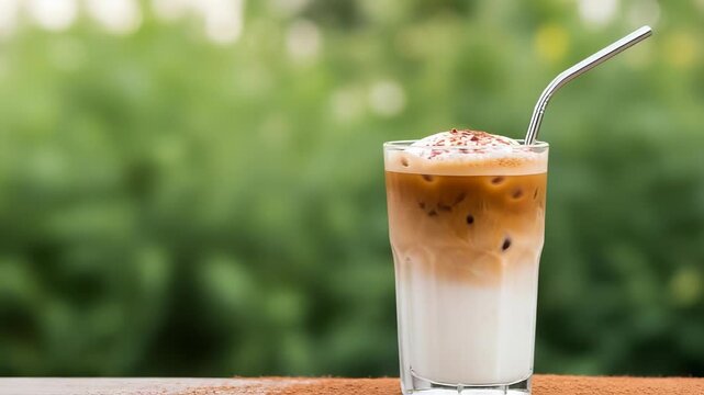 Iced Latte Layered Coffee with Metal Straw on Wooden Table with Green Background