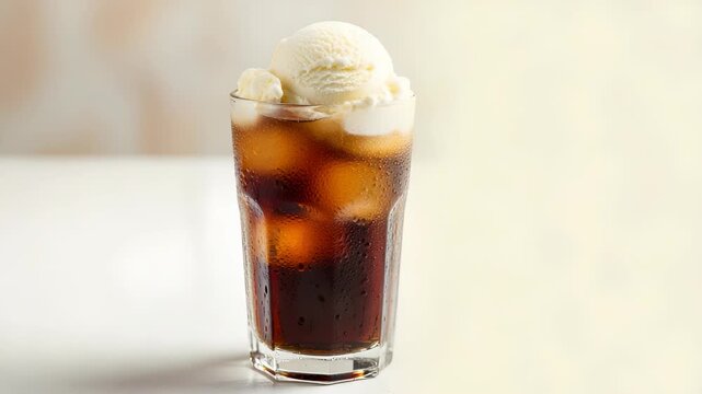 Iced Root Beer Float with Vanilla Ice Cream in a Glass on White Marble Surface