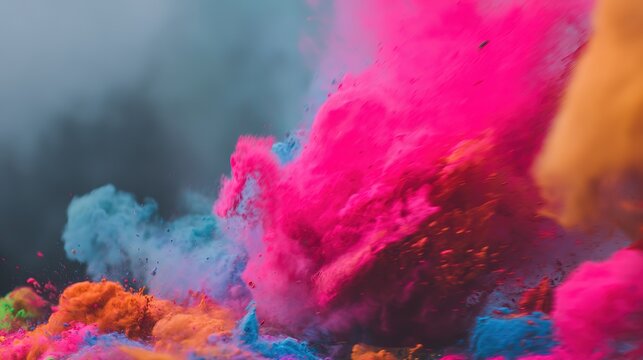 Swirling cloud of colorful powder mid-air, capturing dynamic motion in a festive celebration scene.