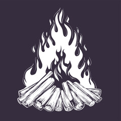 fire emblem, rest in the forest, camping hand drawn vector illustration realistic sketch