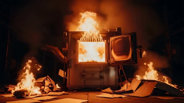 Industrial Incinerator Engulfed in Flames Papers Scattered in a Dark Background Depicting Destruction Loss and Environmental Hazard