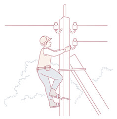 A skilled worker climbs a tall utility pole to conduct essential electrical maintenance and installation tasks