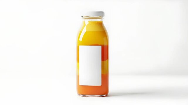 Layered Orange and Yellow Liquid Inside Glass Bottle with Blank White Label on White Background