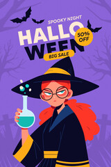 Halloween vertical poster with a witch character holding a potion bottle. Great for printable cards, invitations, or stories