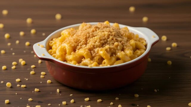 Macaroni and Cheese with Breadcrumbs on a Red Ceramic Bowl on Wooden Table in Studio Shot