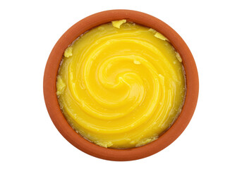 Ghee in a bowl with swirl pattern, clarified butter isolated on transparent background