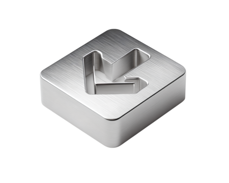 Metallic Download Icon with Inset Arrow and Depth Shadows, Angled Side View, Isolated on Transparent Background PNG