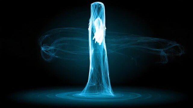 Mysterious Digital Woman Figure Animation in Blue Glowing Light and Black Background Depicting AI