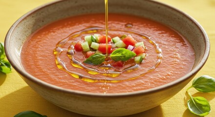 Vibrant Gazpacho Bowl: Olive Oil Drizzle, Fresh Toppings, Culinary Delight