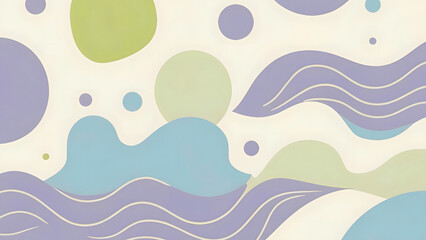 Fototapeta premium Abstract illustration featuring rounded shapes and wavy lines in pastel shades of green, blue, and purple against a light background.
