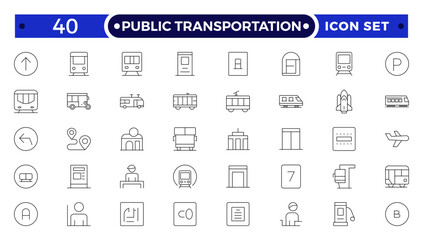 Public transportation outline Icons set. Contain icons related to vehicle, cars, truck, ship, boat, train, subway, motorcycle, motor scooter, and more.