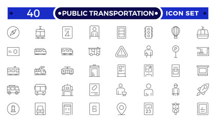 Public transportation outline Icons set. Contain icons related to vehicle, cars, truck, ship, boat, train, subway, motorcycle, motor scooter, and more.