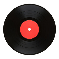 A vinyl record with a red center label displayed on transparent background