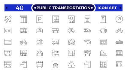 Public transportation outline Icons set. Contain icons related to vehicle, cars, truck, ship, boat, train, subway, motorcycle, motor scooter, and more.