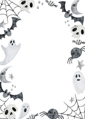 Watercolor Halloween frame with ghosts, cobwebs, spider, bats and candy. Illustration isolated on white background.
