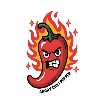 Cartoon chili pepper on fire with angry face spicy