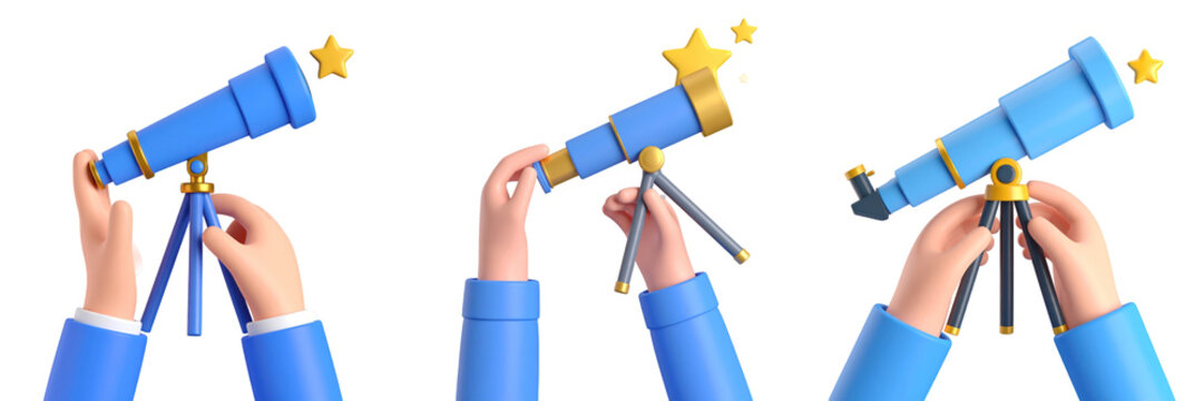 3D Illustration Of Hands Holding Blue Telescope With Gold Details And Star On Transparent Background