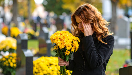 Sad woman at cemetery with autumn.