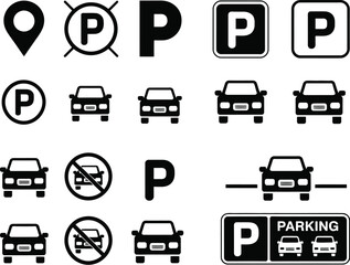 parking sign, road sign, traffic sign, parking icon, no parking icon, symbol, vector, monochrome, black and white  
