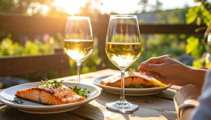 Sunset Dinner Salmon  Wine.