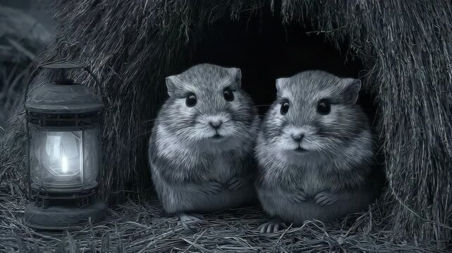 Woodland Mice Hiding in Burrow, Cozy Mice Hiding with Lantern, Nighttime Mice in Forest Shelter, mice shelter, forest lantern, night hiding