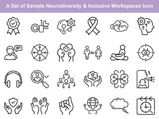 Neurodiversity and inclusive workspace line icon set. Vector symbols for mental health, support, acceptance, and accessibility concepts.
