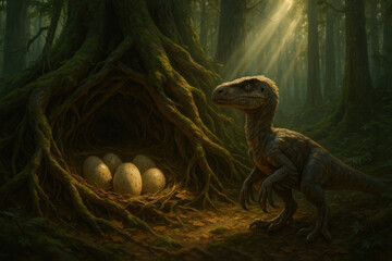 Dinosaur guarding eggs in woods.