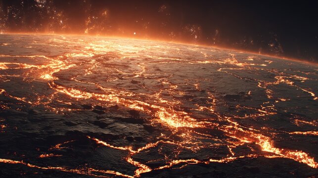 Burning Planet Surface With Volcanic Eruption