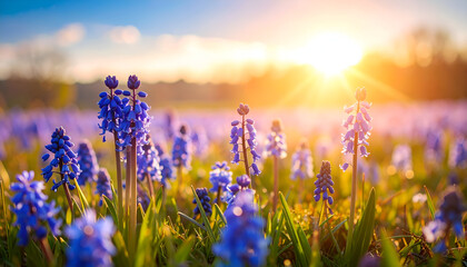 Sunset over blooming bluebell field.