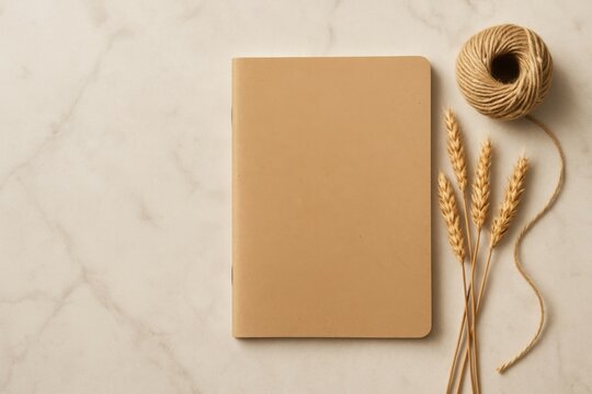 Tan notebook with wheat and twine on marble craft dried wheat