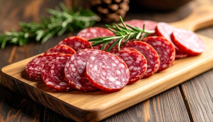 Sliced salami on a wooden board