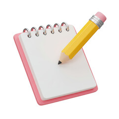 3d yellow pencil on a pink notepad with spiral binding rings on transparent background