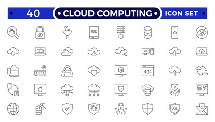 Cloud computing outline icon set. cloud services, server, cyber security, statistics, analytics, server, monitoring, computing, network, digital transformation.