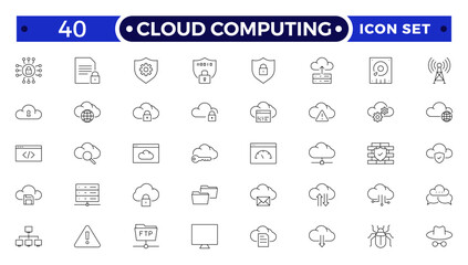 Cloud computing outline icon set. cloud services, server, cyber security, statistics, analytics, server, monitoring, computing, network, digital transformation.