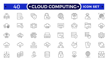 Cloud computing outline icon set. cloud services, server, cyber security, statistics, analytics, server, monitoring, computing, network, digital transformation.