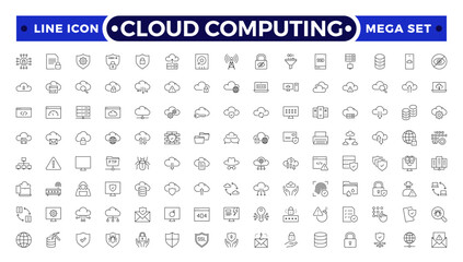 Cloud computing outline icon set. cloud services, server, cyber security, statistics, analytics, server, monitoring, computing, network, digital transformation.