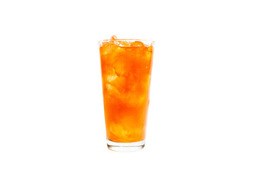 a glass of orange juice with ice on a white background