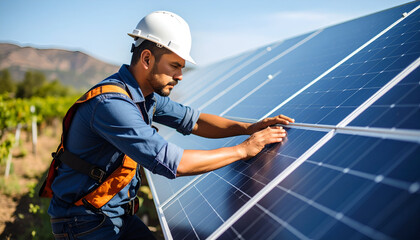 Technician inspecting solar panels.
