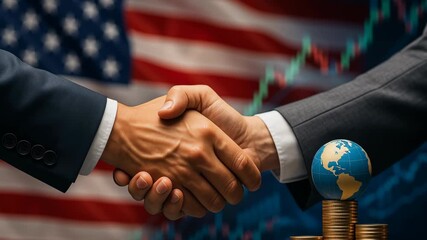 Tariff, trade war. Handshake between businessmen in suits with globe and stacked coins symbolizing global business finance and money success - Powered by Adobe