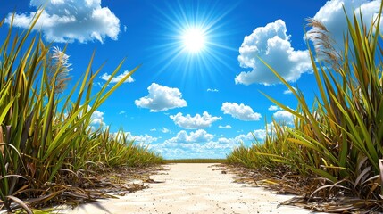 Obraz premium Sandy Path Through Lush Grass Under a Bright Sunny Sky