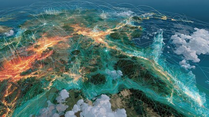 Digital map with vibrant overlays illustrates integration of renewable energy sources, clean grid infrastructure, and futuristic data-driven energy distribution modeling.