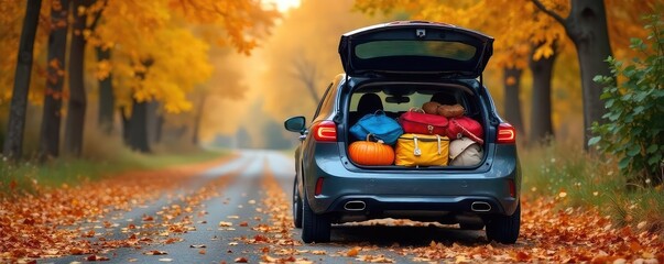 A family's car packed for a Thanksgiving road trip, luggage overflowing, autumn leaves scattered on the ground , bags packed, autumn, car