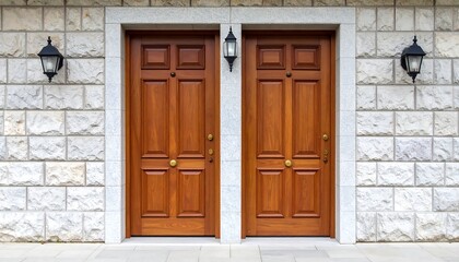 Two matching wooden doors on a light-beige stone wall