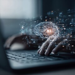 Hands typing on a laptop, holographic AI brain overlay