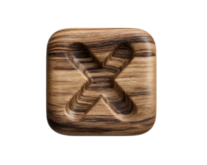 Natural Wooden X Close Icon with Visible Grain Texture and Soft Shadow, Top-Down View, Isolated on Transparent Background PNG