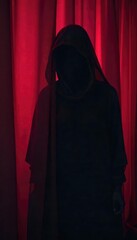 A shadowed figure concealed behind a draped fabric, creating a mysterious and intriguing scene The hidden form is only suggested by the shape and texture of the cloth , cloth, spy